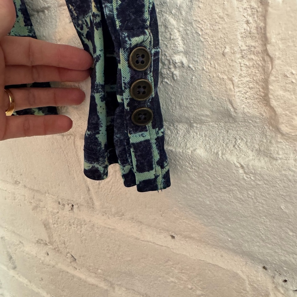 Free People Ruched Button Front Mesh Top Blue Green Print XS - Picture 5 of 5